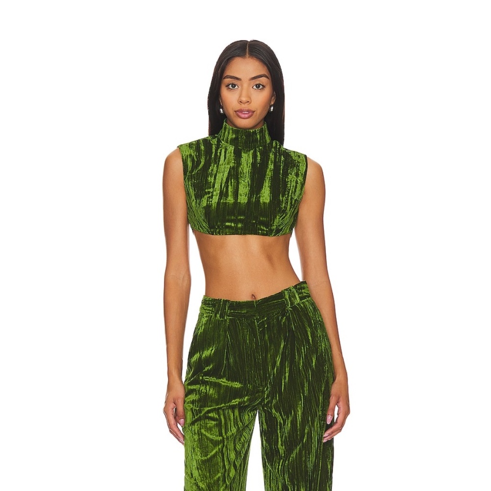 NBD Crinkled Velvet Backless Top in Juniper Green